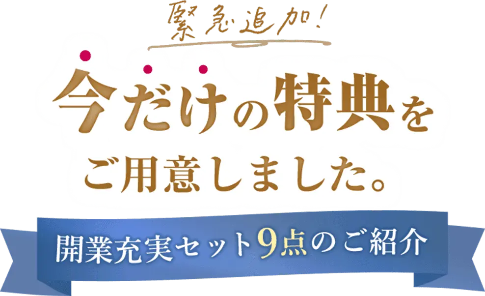 緊急追加！ 今だけの特典をご用意しました。 開業充実セット9点のご紹介