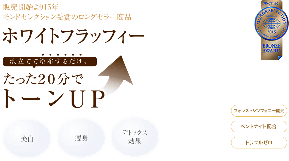 発売開始より15年。モンドセレクション受賞のロングセラー商品！美白効果がある業務用泡パック「ホワイトフラッフィー」